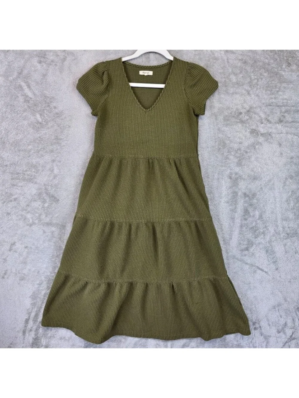 Madewell Dress Womens XXS Green Knit V Neck Puff Sleeve Tiered Trapeze Midi